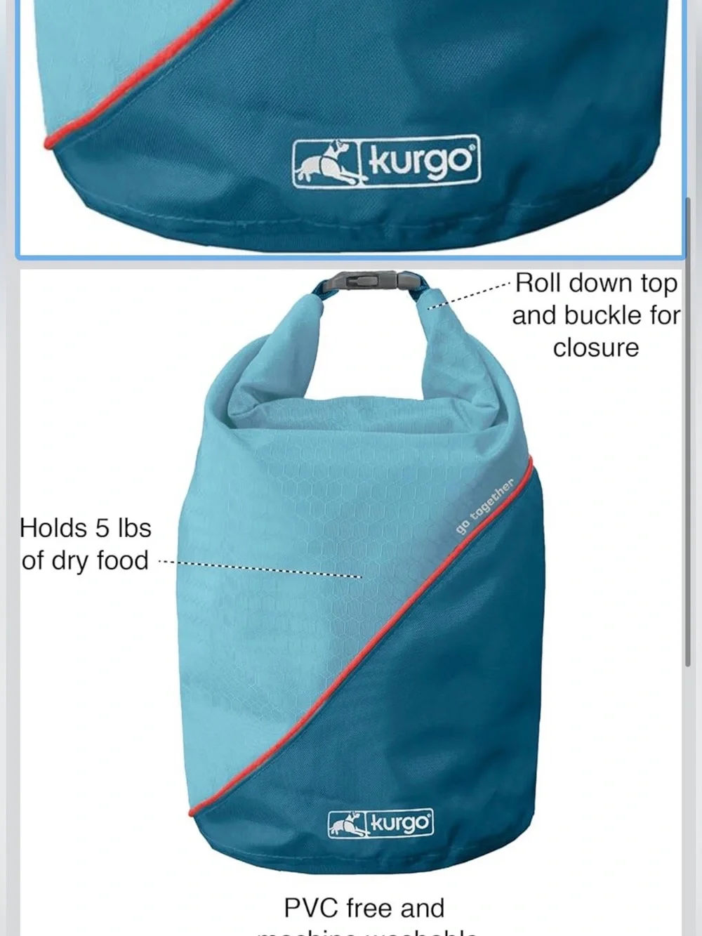 NWT Kurgo Light Blue and Teal Roll-Top Travel Kibble Carrier